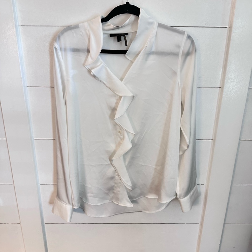 DONNA KARAN L Satin ruffle long sleeve old money quiet luxury polyester blouse
